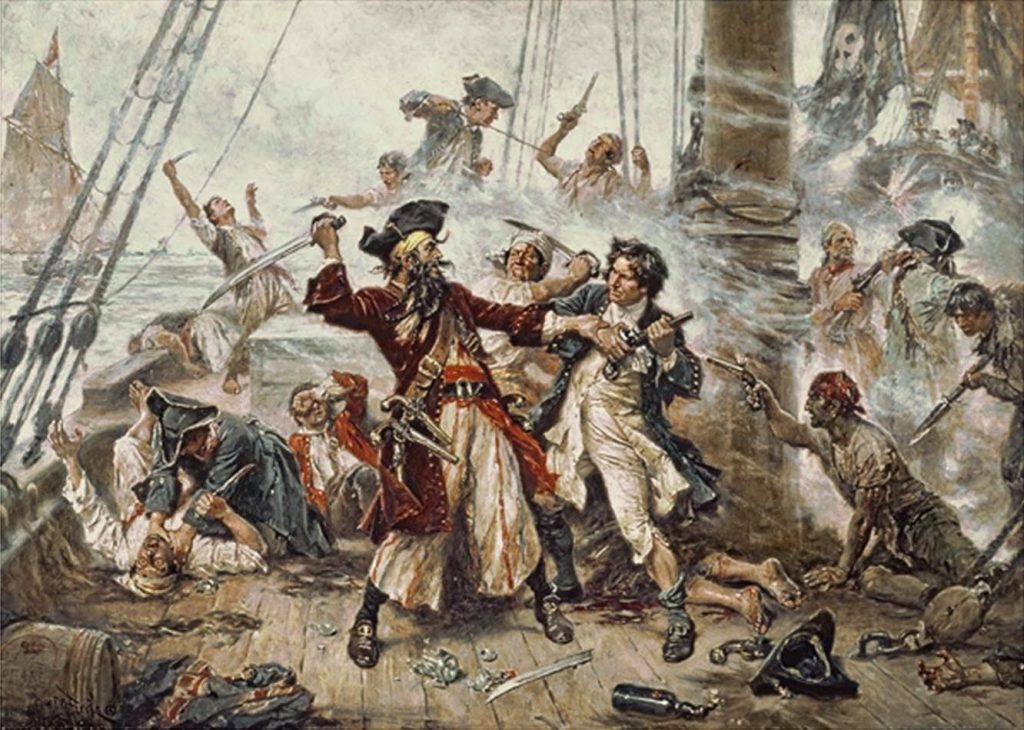 Depictions of Lieutenant Maynard fighting with Blackbeard the pirate.